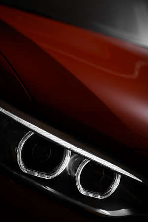 Detail on one of the LED headlights of a car.