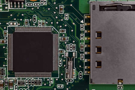 Horizontal shot of an electronic micro circuit.