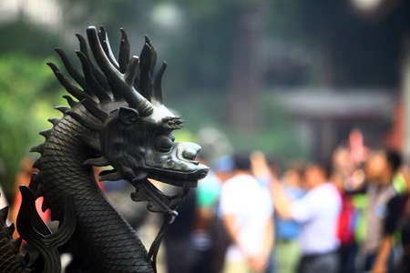 Color horizontal picture of a metal head of a Dragon, in China.のeditorial素材