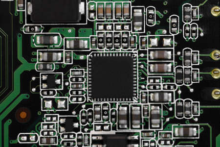 Horizontal color shot of an electronic micro circuit.