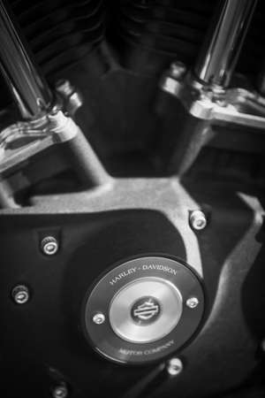 Bucharest, Romania - April 4, 2014: Harley Davidson brand name is displayed on a motorcycle engine...