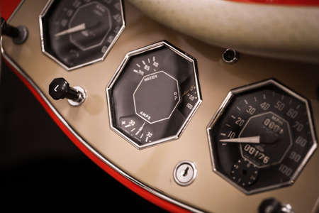 Color horizontal shot of the dashboard of a vintage car.の写真素材