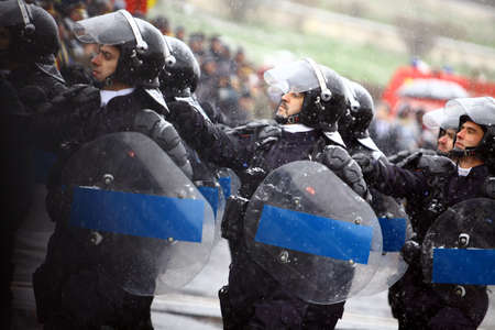 Bucharest, Romania - December 1, 2014: Soldiers march during celebrations for National Day of...