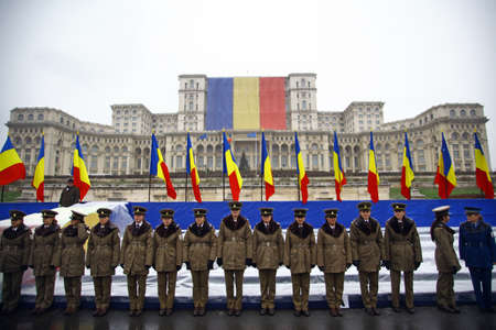 Bucharest, Romania - December 1, 2014: Soldiers stand at attention during celebrations for National...