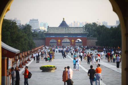 Beijing, China - September 24, 2015: Tourists enjoy a walk on an alley near The Temple of Heaven in Beijing, China.のeditorial素材