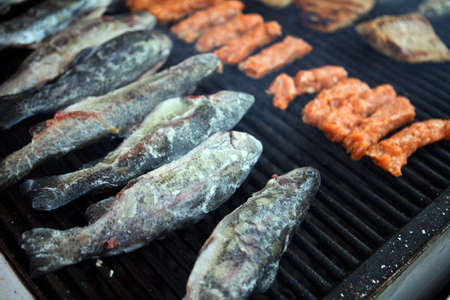 Color detail shot of some fish on a grill.