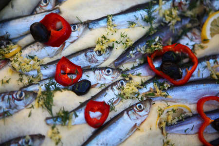Color detail shot of some sardines cooked with vegetables.