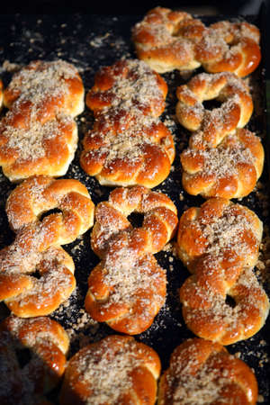 Color shot of some freshly baked home-made pretzels.の写真素材