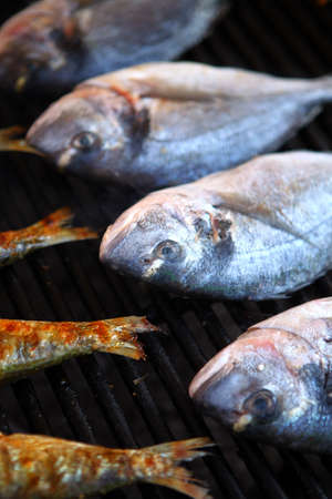 Color detail shot of some fish on a grill.の写真素材
