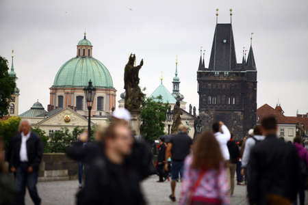 Prague, Czech Republic - June 9, 2015: View of the Charles bridge in Prague, Czech republic, with tourists.のeditorial素材