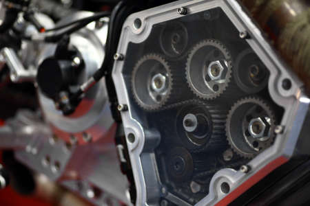 Close up shot with details of a motorcycle's engine.