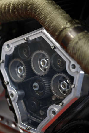 Close up shot with details of a motorcycle's engine.