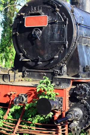 Color image of an abandoned steam locomotive's wheels, with plants growing around them.