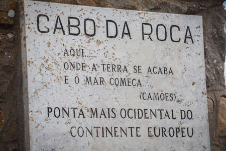 A placard at Cabo da Roca, Europe's westernmost point.のeditorial素材
