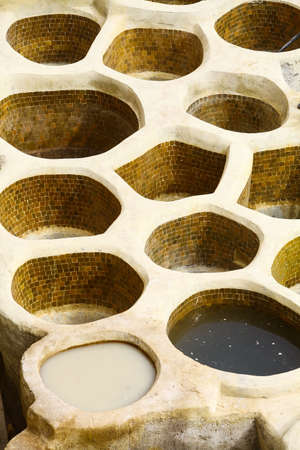 Image of the tannery leather souk of weavers in Fez, Morocco, being renovated. The tannery souk of...