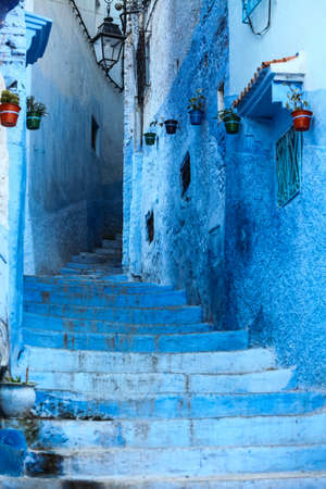 Color image of a street in the famous blue town Chefchaouen, Morocco.の写真素材