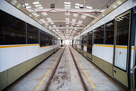 Color image of some trams in a tram depot.