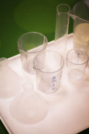 Color image of some plastic recipients in a chemistry labの写真素材