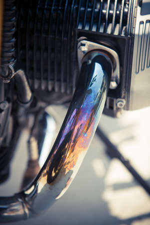 Detail of a motorcycle exhaust pipes and cylinders.の写真素材