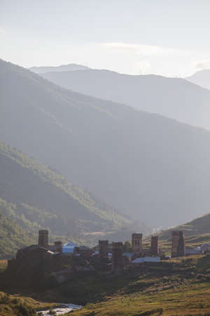 Viev of the village of Ushguli, in Georgia Caucasus mountains, upper Svaneti, the highest inhabited...