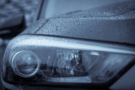 Detail on one of the LED headlights of a car.