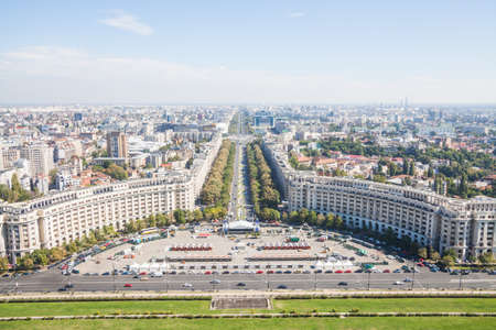 Bucharest, Romania - October 1, 2016: High angle view of Unirii Boulevard and Constitutiei square in Bucharest, Romania.のeditorial素材