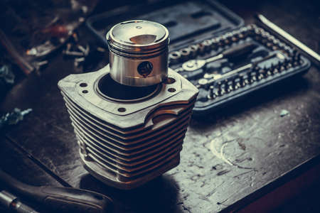 Close up shot of a motorcycle's air-cooled cylinder and piston.の写真素材