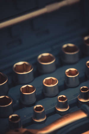 Close up shot of a tool box with various wrenches.の写真素材