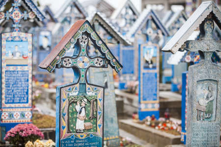 Sapanta, Romania - November 17, 2016: Image of the graveyard in Sapanta, Romania, called "The Merry Cemetery".のeditorial素材
