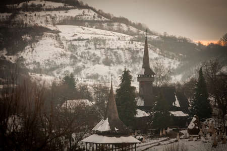 Color image of the wooden church in Poienile Izei, Maramures region, Romania.の写真素材