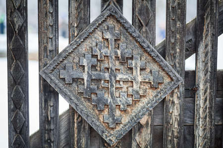 Close up shot of some wooden decoration in Maramures, Romania.の写真素材
