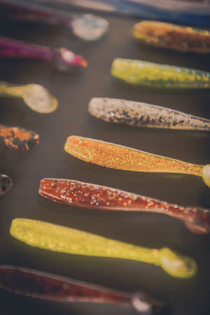 Close up shot of many jelly fishing lures.