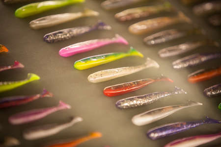 Close up shot of many jelly fishing lures.