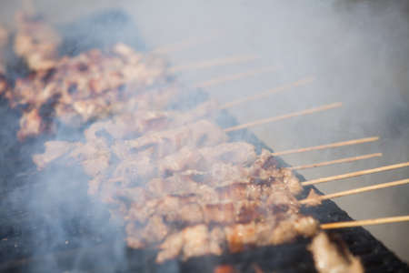Color image of some chicken pieces on sticks, on a grill.の写真素材