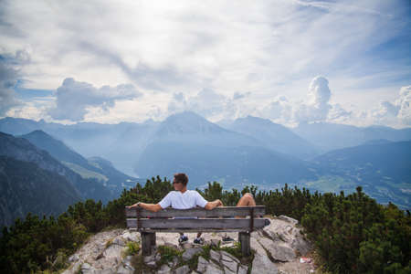 Berchtesgaden, Germany - September 28, 2016: A couple sits on a bench in Kehlsteinhaus, Eagle Nest, Berchtesgaden in Germany.のeditorial素材