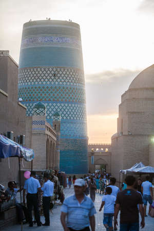 Khiva, Uzbekistan - June 1, 2017: Detail of Kalta Minor minaret in Khiva, Uzbekistan.のeditorial素材