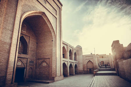 Color image with a madrasa entrance in Khiva, Uzbekistan.のeditorial素材
