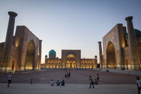 Samarkand, Uzbekistan - June 7, 2017: People walk in front of the Registan palace in Samarkand, Uzbekistan.のeditorial素材
