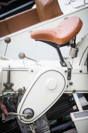 Color image of a vintage motorcycle leather saddle.の写真素材