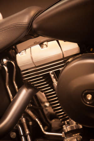 Close up shot of V-Twin motorcycle engine.