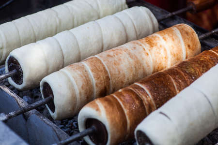 Baking some kurtos kalacs, hungarian traditional sweet bread.の写真素材