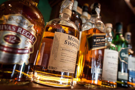 Bucharest Romania - May 8, 2018: Various bottles of alcohol are displayed in bar in Bucharest, Romania.のeditorial素材