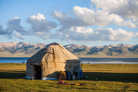 Evening shot of a yurt on a meadow in Kyrgyzstan.の写真素材