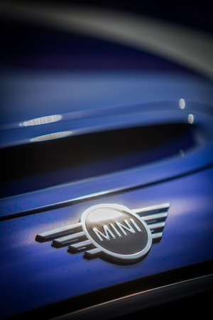 Bucharest, Romania - May 15, 2018: Close up illustrative editorial shot of a Mini car hood, pictured in Bucharest, Romania. Mini is a British automotive brand.のeditorial素材