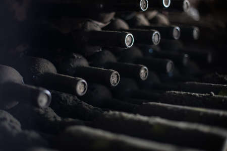 Close up shot of some old dusty wine bottles in a dark basement.の写真素材