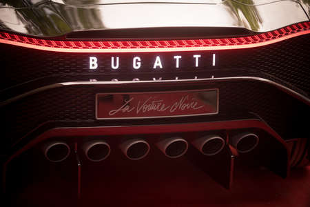 Mandello del Lario, Italy - May 26, 1019: Illustrative editorial close up shot of the rear part of a Bugatti Voiture Noire car. Voiture Noire is a luxury sport supercar prototype concept-car GT by Bugatti.のeditorial素材