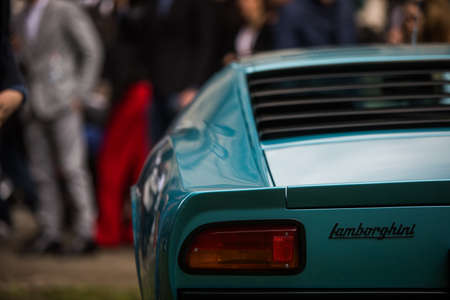 Cernobbio, Italy - May 26, 2019: Illustrative editorial close up shot of the Lamborghini Miura logo on a car, in Cernobbio, Italy. Lamborghini is a luxury Italian auto manufacturer.のeditorial素材