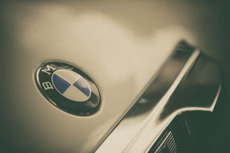 Cernobbio, Italy - May 26, 2019: Illustrative editorial detail of a  BMW logo is displayed on a car's hood. BMW is a German car manufacturer.のeditorial素材