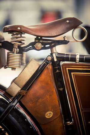 Color image of a vintage motorcycle leather saddle.