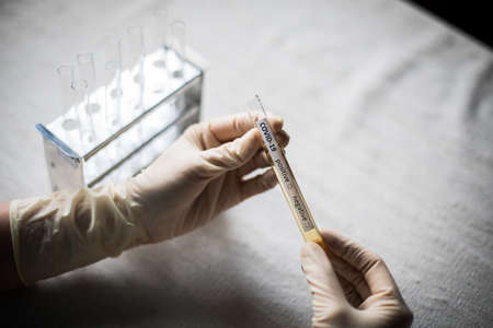 Conceptual photograph of a doctor's hands holding and looking at a test tube while testing samples...